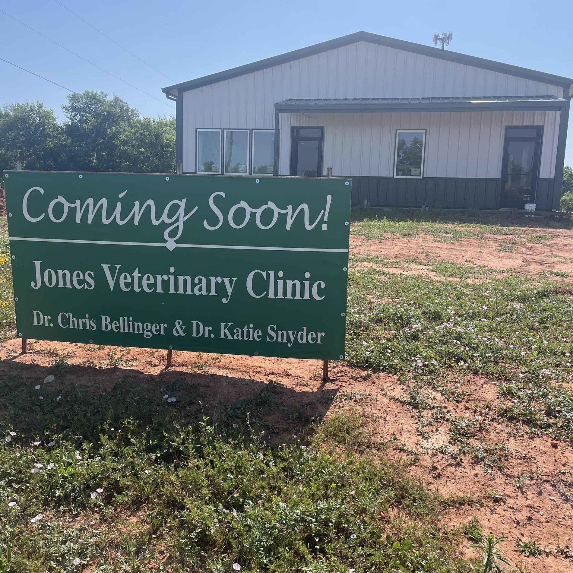 Front of the Jones Vet Clinic building. Has a "Coming Soon" sign out front.
