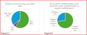 Image of pie chart graphs showing percentages of those who believe in feeding dogs raw-based diets vs those who are unsure or do not believe it is good.